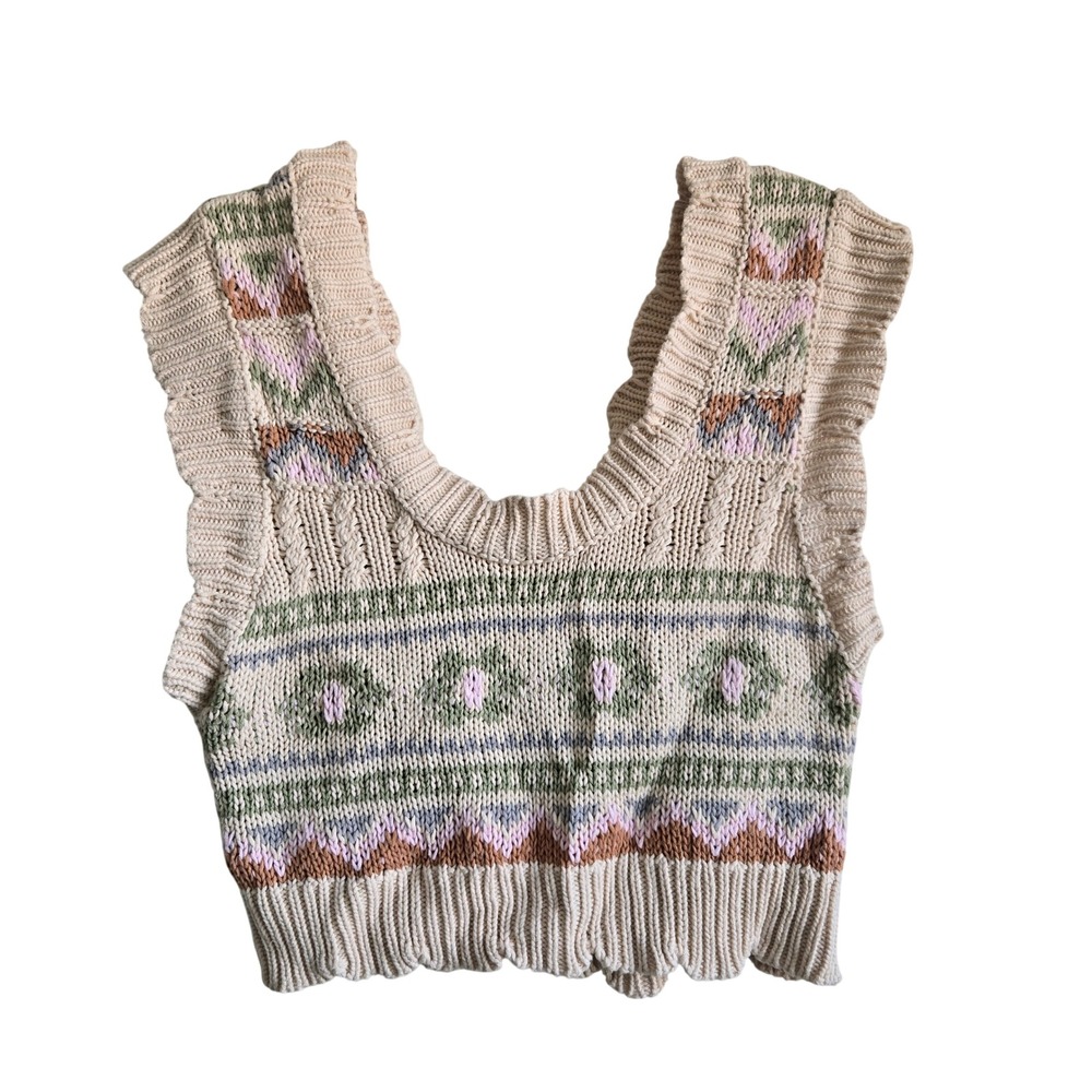 Anthropologie XSP Sweater Vest Womens Cream Pastel Floral Crop Ruffle Excellent